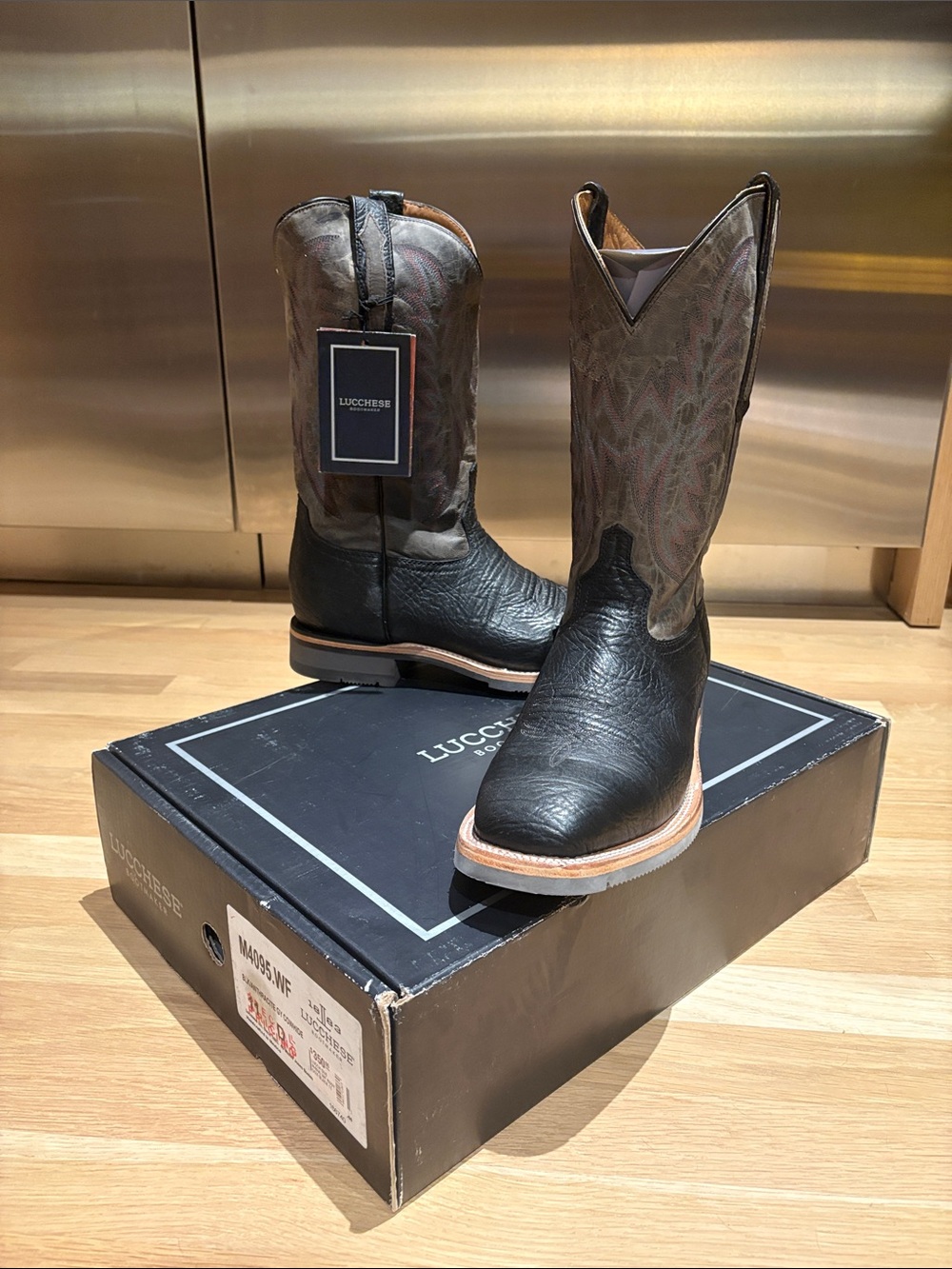 Lucchese Black Leather Western Pull-On Boots with Tan Welt